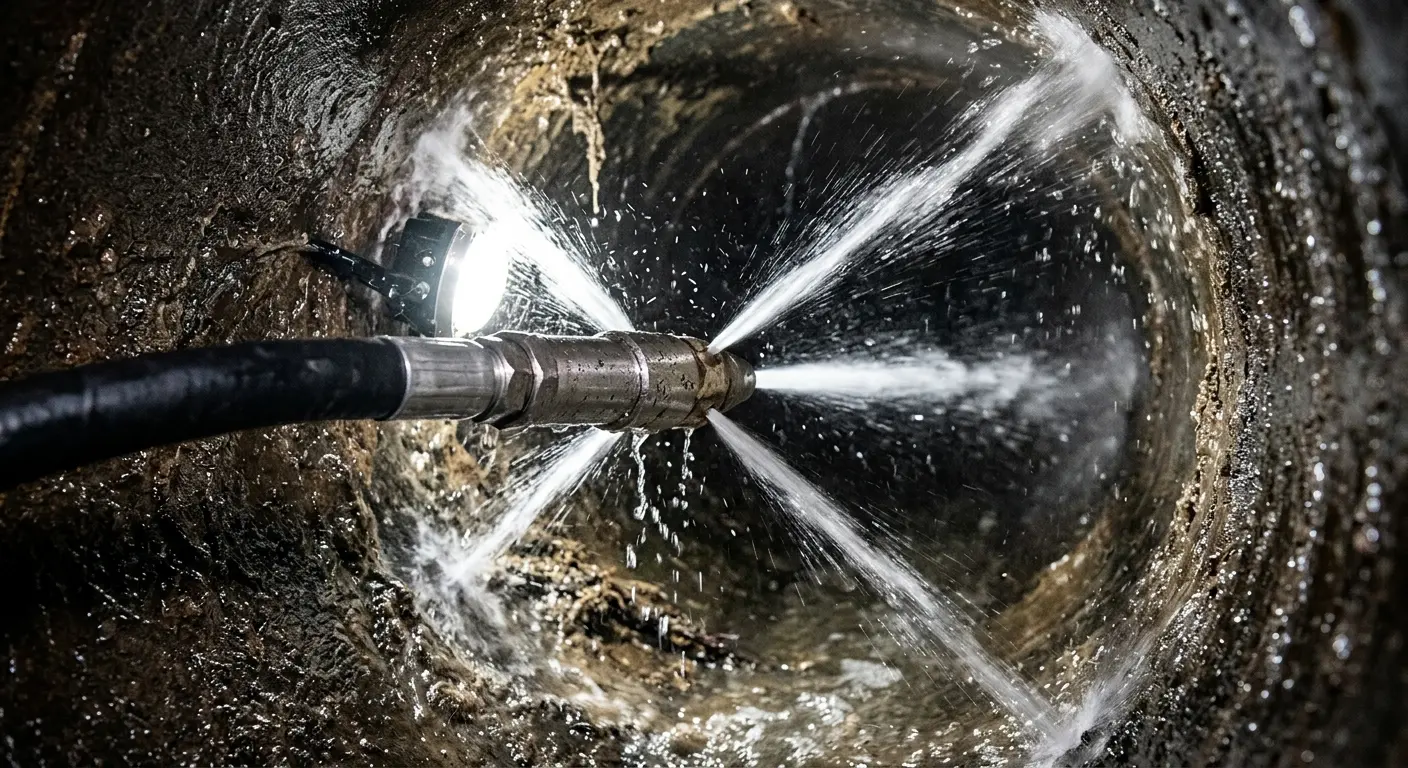 High-pressure hydro jetting nozzle cleaning sewer pipe for Trenchless Sewer Repair in Robbinsville