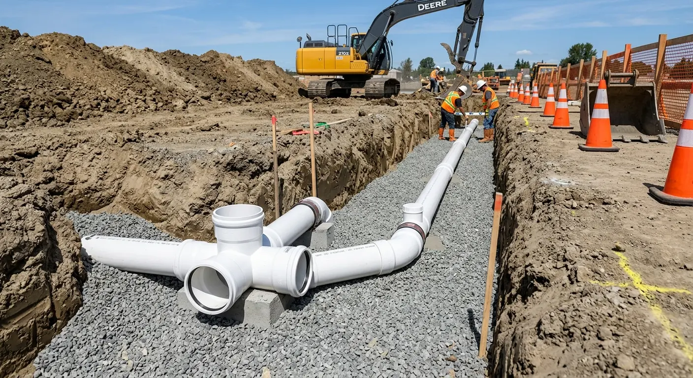 New PVC sewer pipe installation in open trench for Sewer Backup in Robbinsville