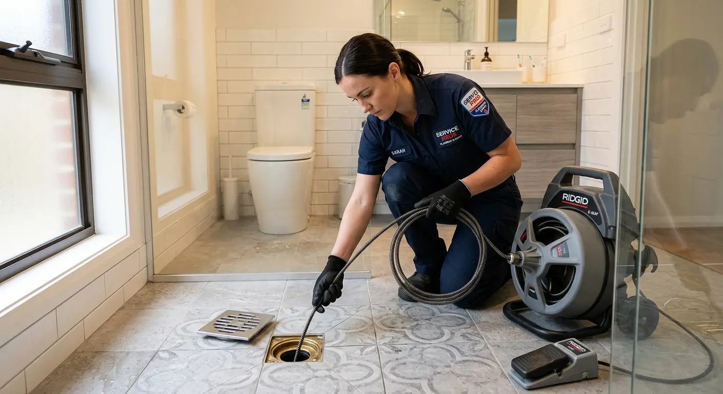 Technician clearing a bathroom floor drain for Sewer Line Replacement in Robbinsville